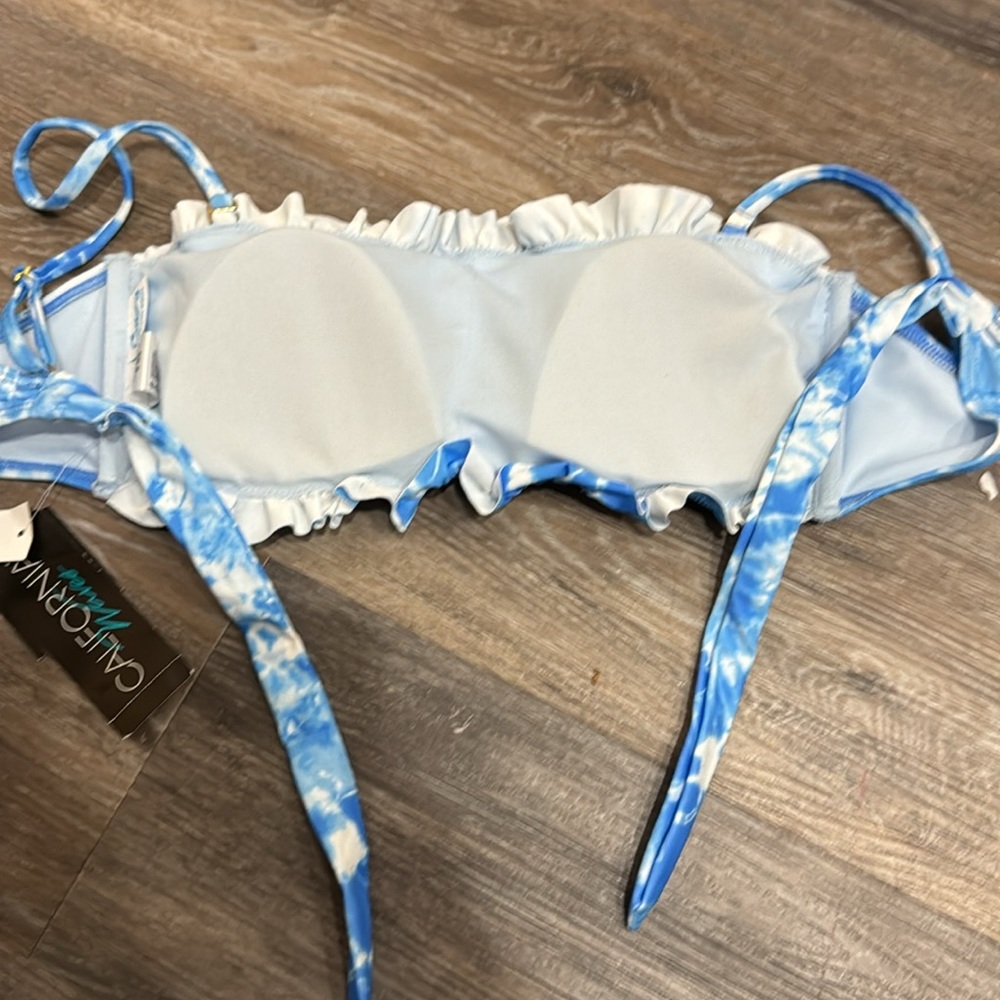 NWT California Waves blue white tie dye smocked strapless swim bikini top L - Picture 8 of 8
